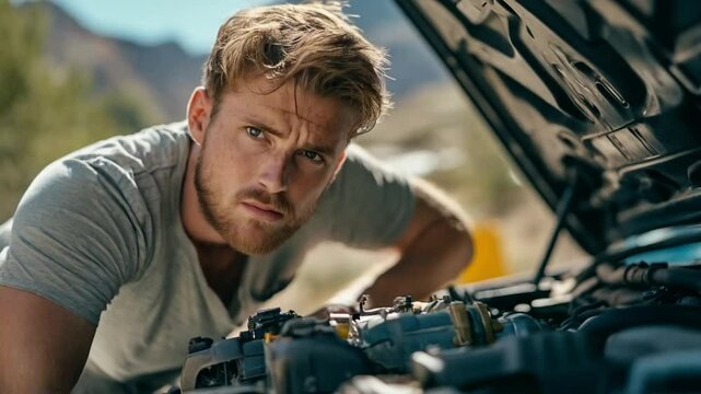 Young man focused on car engine repair outdoors in the mountains
