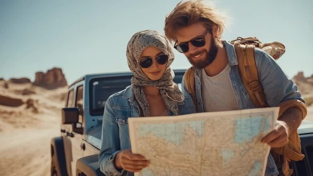 Travelers exploring map with enthusiasm in desert landscape