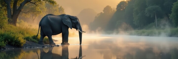 Obraz premium Elephant drinking from a river in the morning mist, wildlife, watercolor