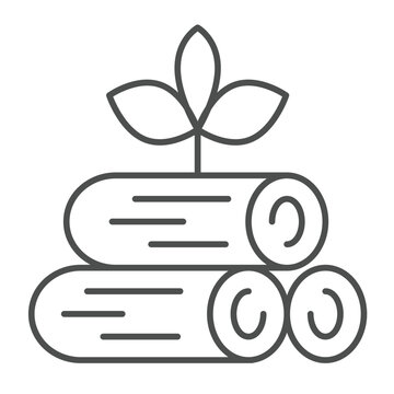 Three logs and plant sprout with leaves thin line icon, climate change concept. Vector graphics. Wooden log with leaf sign on white background, outline style icon for mobile or web design.