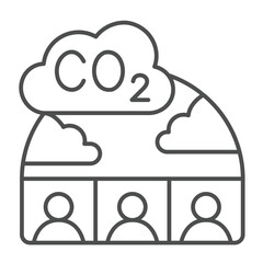 Smog clouds on human group thin line icon, climate change concept. Vector graphics. Carbon dioxide conspiracy and planet sign on white background, outline style icon for mobile or web design.