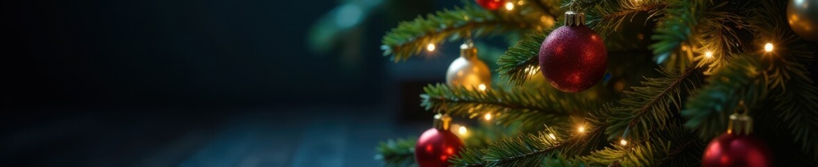 Obraz premium Evergreen Christmas tree with sparkling lights and colorful ornaments in a darkened room , holiday, tree
