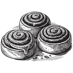 Naklejka premium cinnamon rolls woodcut engraving vector illustration