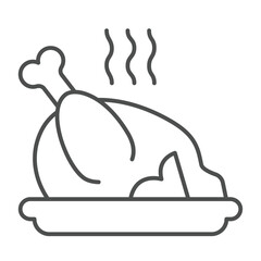 Fried chicken dish thin line icon, culinary cooking concept. Vector graphics. Hot turkey on plate sign on white background, outline style icon for mobile or web design.