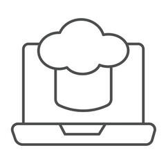 Laptop with chef hat thin line icon, culinary concept. Vector graphics. Chef cooking blog website sign on white background, outline style icon for mobile or web design.
