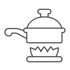 Frying pan with lid on fire thin line icon, culinary concept. Vector graphics. Cooking pan heating sign on white background, outline style icon for mobile or web design.