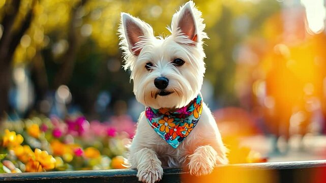 West Highland Terrier: A charming West Highland Terrier, radiating happiness with a vibrant flower pattern bandana, gazes serenely at the world in a sunny park setting, a picture of pure delight.