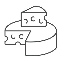 Wheel of cheese with slice thin line icon, culinary cooking concept. Vector graphics. Sliced cheese, dairy product sign on white background, outline style icon for mobile or web design.