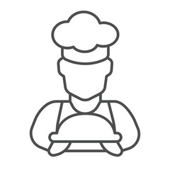 Cooker man with dish in hands thin line icon, culinary cooking concept. Vector graphics. Cook with food plate sign on white background, outline style icon for mobile or web design.