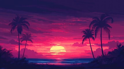 Obraz premium Vibrant sunset over tropical beach with palm trees. (1)