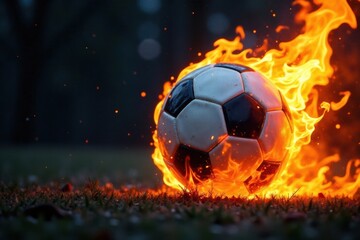 Fototapeta premium Football ball on fire in a blazing inferno with flames licking at it, fire, fireball