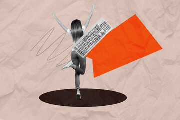 Contemporary artwork collage of happy businesswoman jump keypad wireless device freelancer tool...