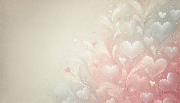 Zarter, romantischer Hintergrund mit transparenten Herzformen in Pastellfarben &ndash; ideal f&uuml;r Valentinstag und Liebesbotschaften. Generative KI