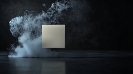 Abstract concept of a floating square amidst smoke and shadows, evoking mystery.