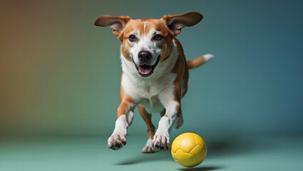 Happy Beagle Dog Running with Yellow Ball