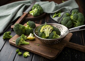 Fresh Broccoli on Cutting Board with Colander and Knife