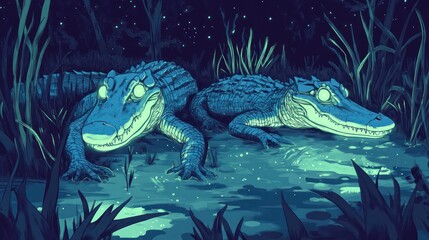 Obraz premium Two glowing alligators rest together in a swamp at night