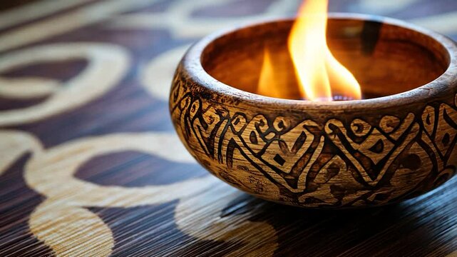 Wooden bowl with burning candle on patterned surface