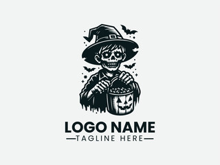 Skinned Boy Witch Hat Candy Basket Holiday Vector Logo Design, Boy Witch Hat Candy Logo
