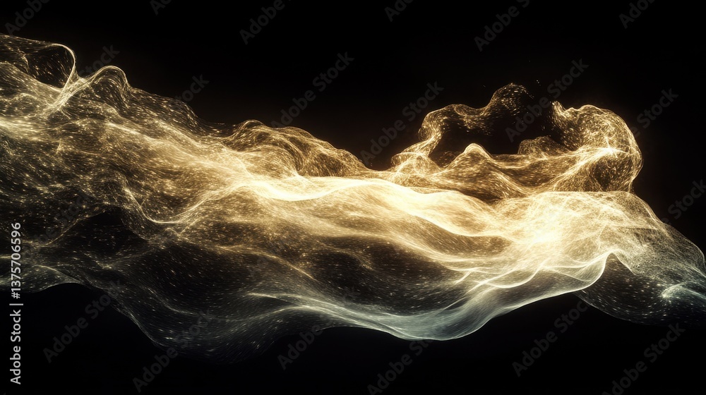 Poster abstract golden luminous wave of energy particles flowing on a black background - fantasy, sci-fi, t