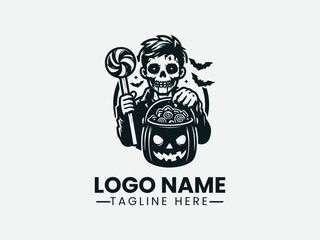 Skinned Boy Witch Hat Candy Basket Holiday Vector Logo Design, Boy Witch Hat Candy Logo