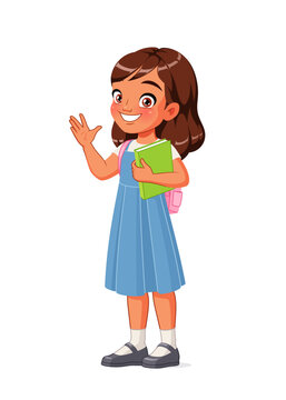 Cute little Indian school girl greeting. Cartoon vector illustration.