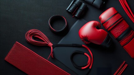 Boxing equipment on a dark surface, training essentials for a fighter's regimen