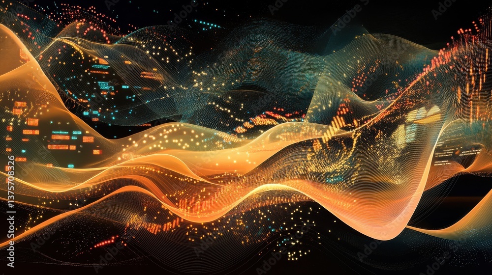 Poster glowing financial network with dynamic data flow visualized in orange and teal against a dark backgr
