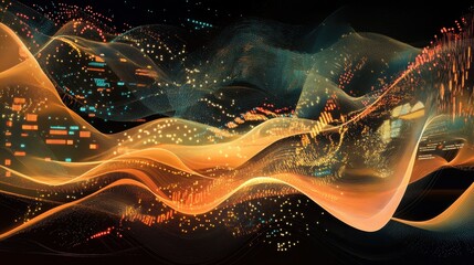 Glowing financial network with dynamic data flow visualized in orange and teal against a dark background