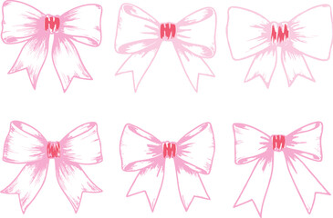 Hand Drawn Pink Decoration Bow Set on white background. Editable Vector for merry Christmas  Copy space poster and banner for greeting card, poster or banner. Social, electronic and print media. EPS 