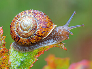 close up of snail on vibrant green leaf, showcasing its intricate shell and curious eye stalks, evokes sense of wonder