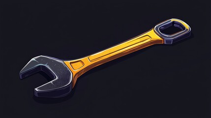 Detailed three-dimensional cartoon representation of a metallic wrench featuring orange and dark blue hues creating a visually striking tool illustration