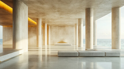 Fototapeta premium Minimalistic Concrete Interior with Columns and Coastal View, Modern Architecture, Serene and Open Space, Sunset Lighting