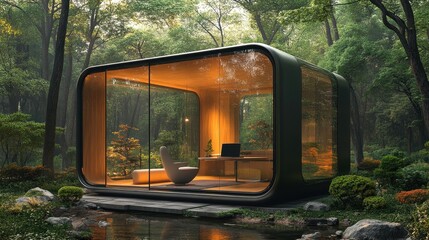 Modern Retreat: A sleek, contemporary structure merges seamlessly with a verdant woodland setting, showcasing the harmonious balance between human design and natural beauty. The interior.