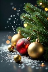 snowflakes gently fall on a bed of gold ornaments amidst festive holly branches , serene, holiday decor