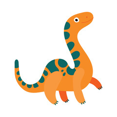Fototapeta premium Smiling orange dinosaur with green patches and stubby legs, perfect for fun prehistoric art, educational materials, and children’s design projects.
