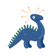 Playful blue dinosaur with round feet and green spines, featuring a friendly face and simple form for youth illustrations, dino games, and prints.