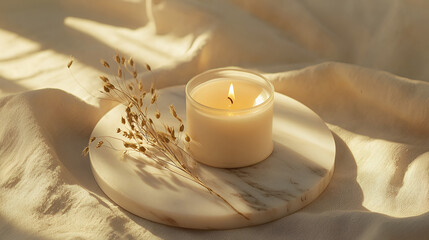 Candlelit Still Life: serene scene of a burning candle and dried flora on a marble surface, bathed in sunlight.