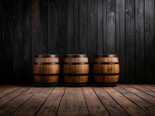 Rustic wooden barrels stacked against dark wooden wall create warm, inviting atmosphere perfect for any setting
