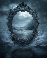 Surreal Mirror Reflecting Ocean Waves Amidst Mystical Surroundings