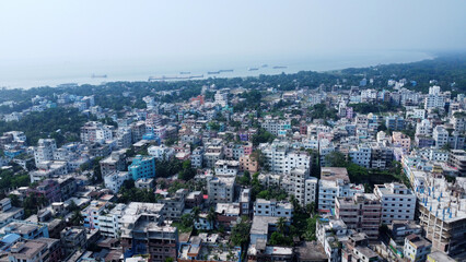Fototapeta premium Chandpur is the estuary of three major rivers in Bangladesh. Drone view of Chandpur city, the city of Hilsa fish.Natural view and skyline of chandpur city.