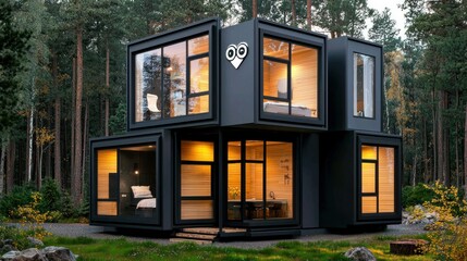Modern geometric house design nestled in a serene forest setting with minimalistic aesthetics