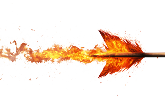 A flaming arrow with a fiery trail against a dark background in a digital illustration
