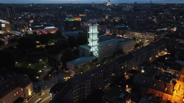 Aarhus, Jutland, Denmark - Aerial Drone View of Sankt Lukas Kirke CHurch in the Night at City Center.