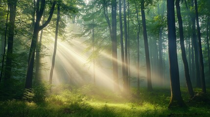 A foggy enchanted forest with streaks of sunlight piercing through