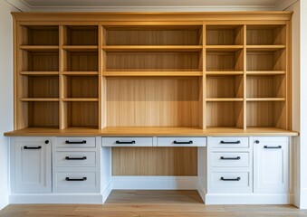 Home Office Built in Shelving with White Cabinets and Wood Detail