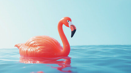 Naklejka premium Vibrant Pink Flamingo Float on Tranquil Blue Water in Summer Light