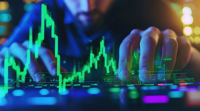 Office worker under neon desk lighting tracks stock surge with keyboard