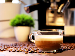 Cup of coffee and coffee machine, delicious drink