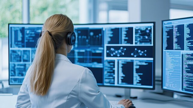 Data analysis event technology lab computer interface modern workspace over-the-shoulder view analytical insights